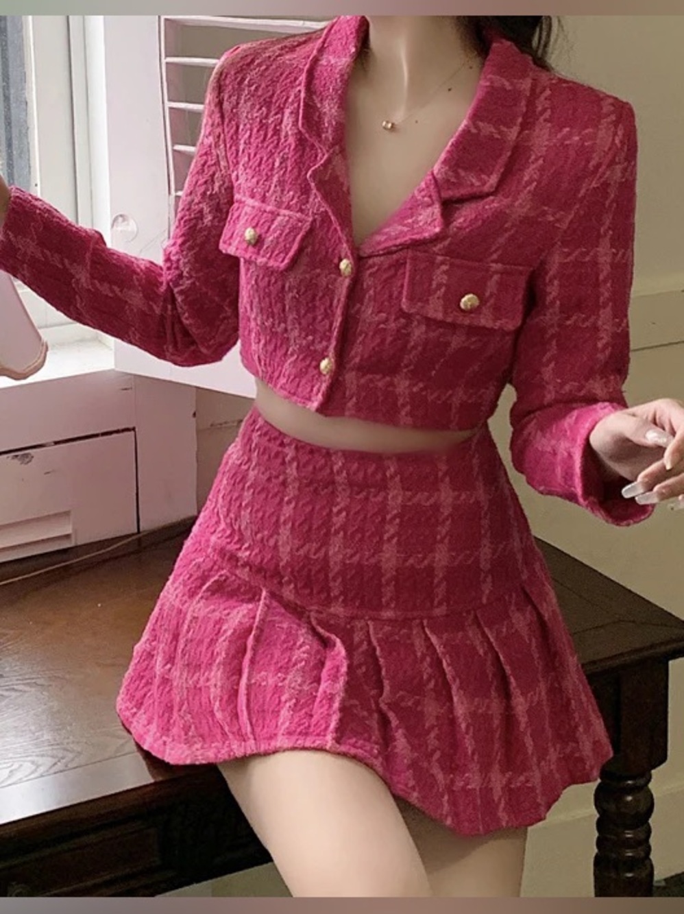 NWT CIDER Pink Tweed Crop Blazer & Skirt Set